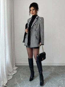 Elenzga Áo khoác len cổ ve lật họa tiết răng sói thanh lịch dành cho nữ - Đen và trắng - Xem 7
