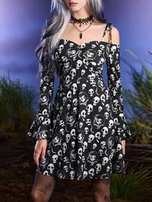 Corpse Bride X SHEIN Women's Summer Skull Print Cold Shoulder Flare Sleeve Dress - Black - View 3