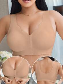 DesireSculpt Casual-Comfy Simple Seamless Wave Edge Wide Shoulder Straps Front Buckle Women's Plus Size Wirefree Bra Front Closure Bra Wireless Bra Support Bra Plus Size Bra Goth Full Coverage Bra - Dusty Pink - View 5