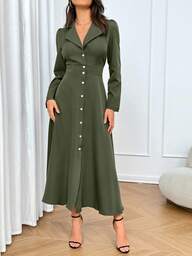 EMERY ROSE Vestido Longo Elegante Feminino de Gola Lapela, Abotoamento Único, Cintura Marcada, Cor Sólida, Primavera/Outono