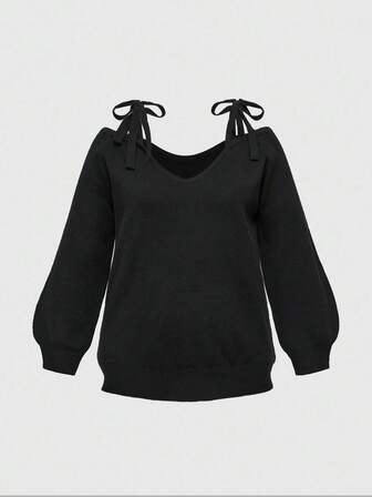 Kawaii Plus Size Off Shoulder V-Neck Bowknot Strap Plus Size Pullover Sweater, Versatile