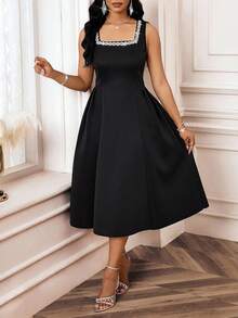 SHEIN Lady Đầm nữ cổ vuông thanh lịch không tay đính đá Rhinestone - màu đen - Xem 8
