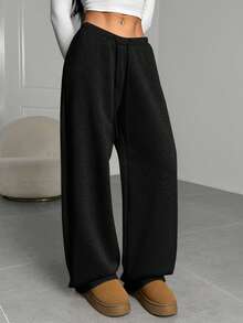 SHEIN EZwear Plus Size Women's Solid Color Drawstring Waist Wide Leg Loose Casual Sweatpants Wide Leg Sweatpants Knit Pants/Winter