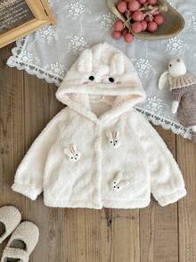 SHEIN Baby Girl Infant Toddler Newborn 0-3 Years Cute Casual Plush Flannel 3D Rabbit Ear Hooded Jacket Fall Winter - White - View 1