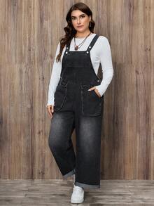 EMERY ROSE Plus Size Black Plus Size Pocket Flap Button Decor Casual Denim Bib Pants - Light Grey - View 6