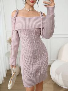 Modelyn Abito maglione elegante aderente a trecce con spalle scoperte, abbigliamento autunnale e invernale per donna - Rosa - Visualizzare 2