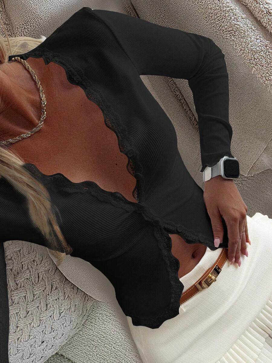 DAZY 女士蕾丝荷叶边修身开衫长袖上衣 - 黑色 - 查看 1