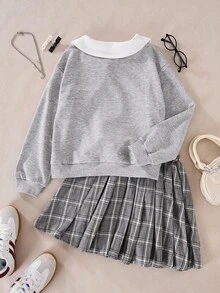 SHEIN Explorewe 2 件女童时尚休闲长袖可爱公主领蝴蝶结印花运动衫，柔软面料上衣和百搭褶皱格子裙，适合圣诞节、万圣节、秋季 - 灰色 - 查看 2