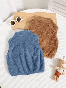 SHEIN 2pcs Baby Boy/Girl Cute Solid Color Fluffy Vest Jacket Set, Autumn/Winter Fall