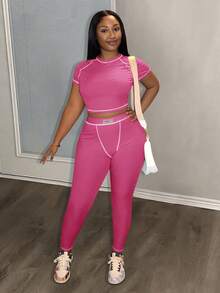 Slaydiva 2025 春夏新款休闲街头百搭运动基础修身绿色圆领短袖短款T恤和撞色腰裤女两件套，适合音乐节、复活节、西部游牧风格、乡村风格、婚礼嘉宾、日常旅行、毕业季、派对聚会、俱乐部、运动健身、瑜伽 - B - 玫紅色 - 查看 4