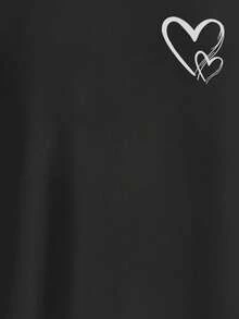 EMERY ROSE 休闲简约风格白色双心图案落肩长袖T恤女款，百搭秋冬 - 黑色 - 查看 4