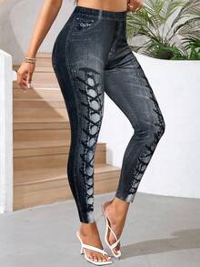 SHEIN Lady 2025 New Women's Elastic Waist Denim Effect Print Casual Leggings Chic Printing Pants For Women  Halloween Costumes  Christmas Going Out Outfit