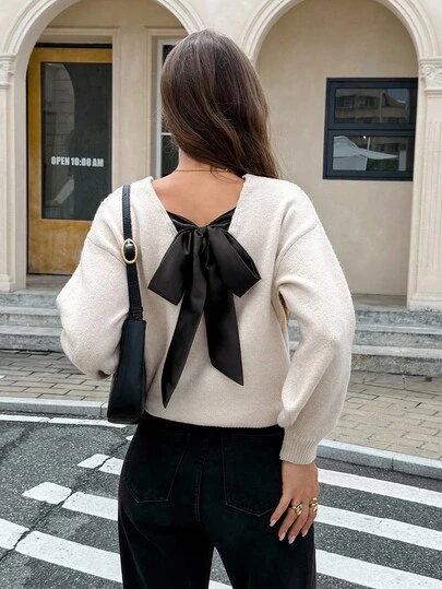 Serisse 女士休闲宽松针织毛衣，后背蝴蝶结，落肩设计，长袖，适合秋季穿着，时尚优雅，商务休闲，外出上衣，教师装，返校季，秋季，女士秋季毛衣，圣诞毛衣，派对毛衣，外出毛衣，优雅毛衣，时尚毛衣，冬季休闲春季