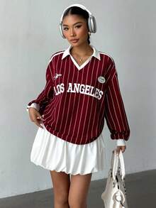 SHEIN 少女休闲日常街头时尚酒红色运动衫长袖上衣和碎花荷叶边半身裙套装 - 酒紅色 - 查看 3