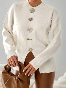 Embellished Pearl Knit Cardigan With Ornate Gold Statement Buttons And Ribbed Crew Neck Detail,Jumper,Jumpers For Women,Cream Jumper,Jumpers,Christmas Jumper,White Jumper,Black Jumper,Ladies Jumper,Tall In Women,Women's Jumpers