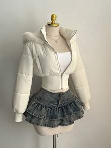 Elamini 女士时尚杏色复古拼接短款皮草连帽束腰立领长袖短款棉服外套，适合秋冬季 - 杏色 - 查看 6