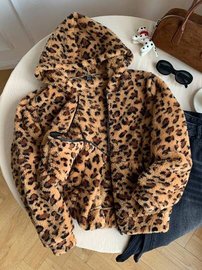 Comfortcana 女士休闲复古豹纹毛绒卫衣，适合秋冬季节，秋冬季抓绒豹纹款，珊瑚绒豹纹款