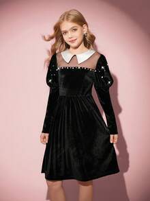 优雅复古黑色天鹅绒连衣裙，适合少女穿着，柔软的天鹅绒面料，光泽闪亮，撞色领口设计，羊腿袖，半透明前片，串珠装饰，A 字廓形，适合圣诞节、万圣节、生日派对，独特精致的黑色天鹅绒连衣裙，秋冬 - 黑色 - 查看 4