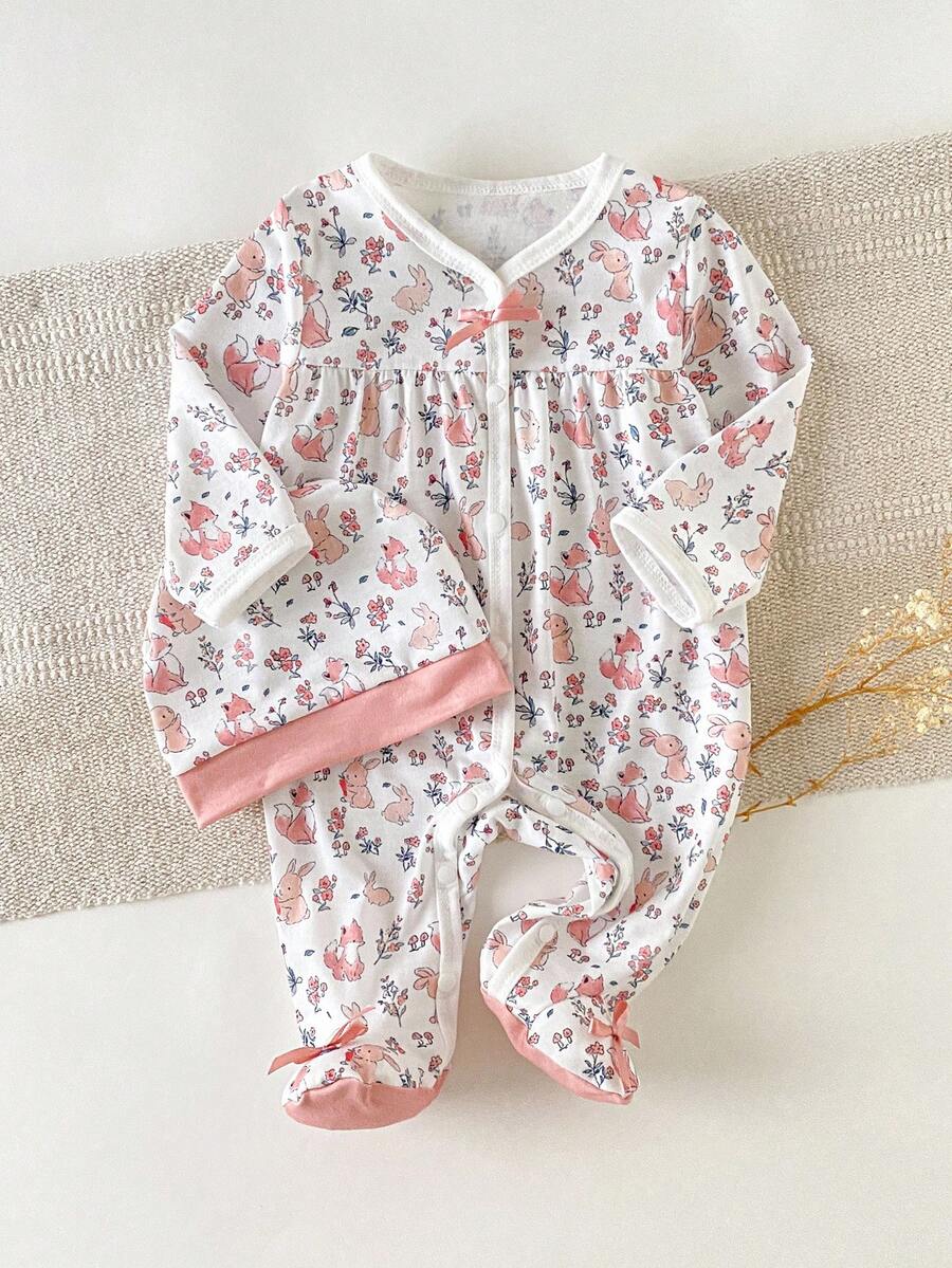 新生儿柔软舒适薄款连体衣，男婴/女婴可爱兔子、狐狸、花卉全身印花、正面蝴蝶结装饰、长袖连脚连体衣（带帽子），2 件套，婴儿爬行服和家居服 - 粉色 - 查看 1