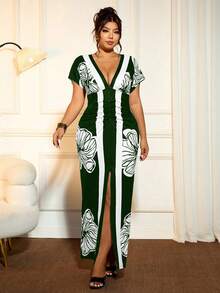 Cravure Women's Fitted Waist Elastic Floral Print V-Neck Dress - Dark Green - View 8