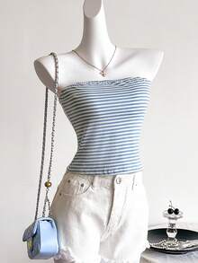 Teenage Girls Casual Minimalist Blue And White Striped Knit Tube Top Versatile Camisole - Multicolor - View 1