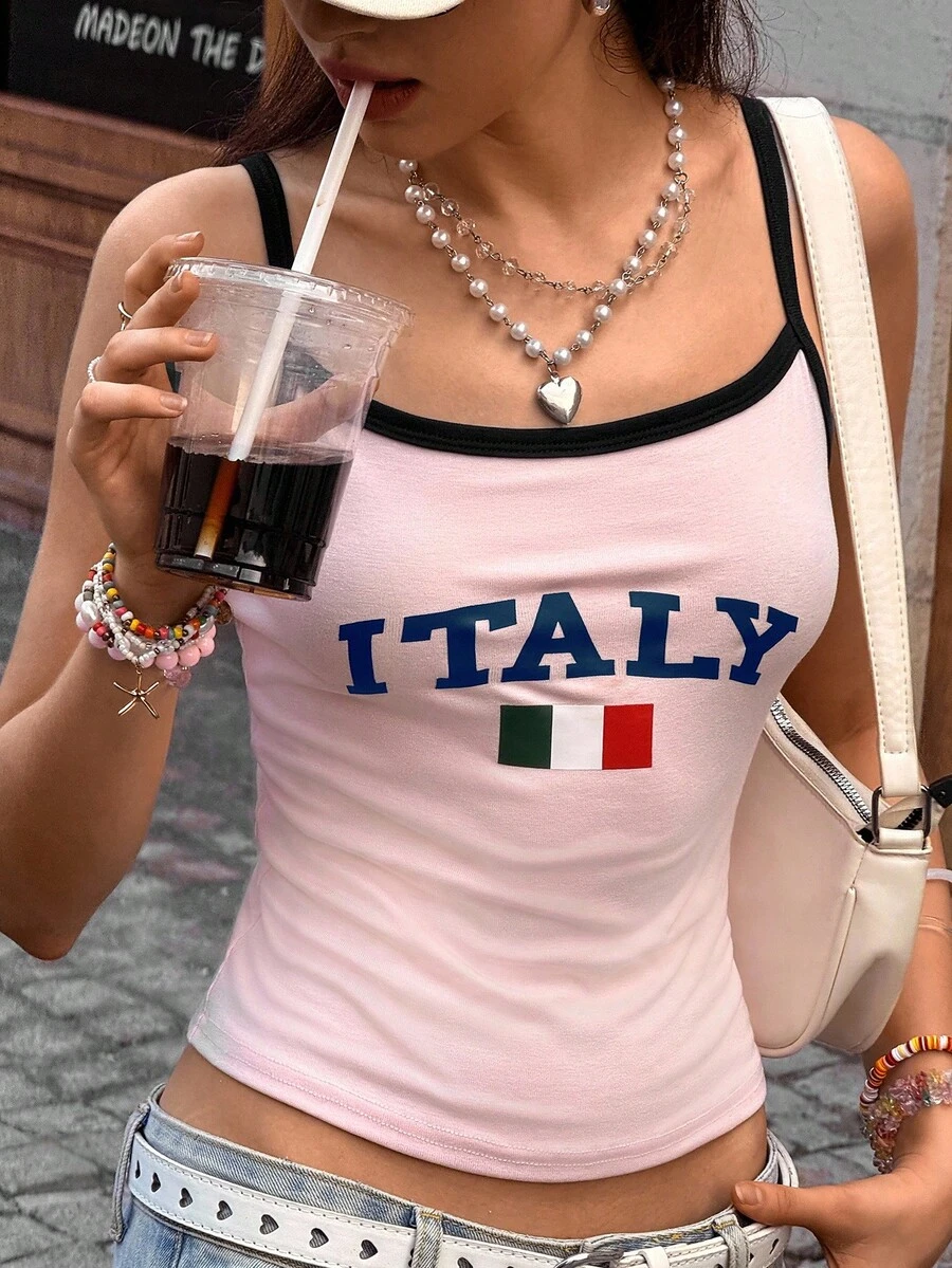 INAWLY 女士字母國旗印花色塊夏季背心上衣，對比色飾邊設計 - 粉色 - 查看 1