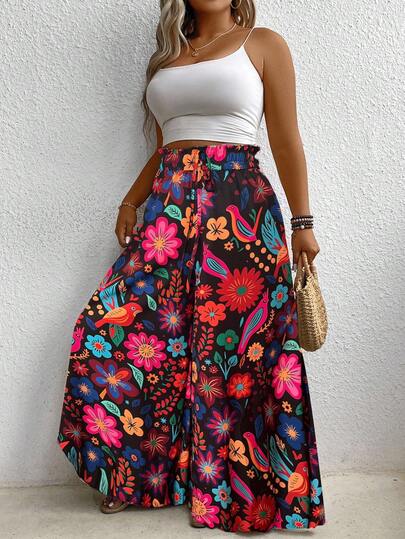 EMERY ROSE Plus Size Colorful Floral Print Wide Leg Pants Fall Cloth For Women