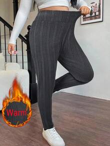 SHEIN EZwear Quần legging lưng cao màu đen cỡ lớn, giữ nhiệt mùa thu/đông - Màu xám đen - Xem 5