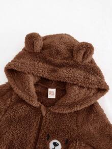 Cozy Pixies 男婴卡通兔耳朵连帽加厚羊毛连体衣，适合秋冬季室内穿着 - 棕色 - 查看 3