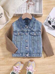 Young Girls Denim Jackets & Coats, Autumn/Winter New Thickened Denim Patchwork Knitted Sleeve Design + Casual Loose Fit Washed Denim Blue Jacket + Fashionable Street Style, Suitable For Spring, Autumn And Winter, Outdoor, Party, Holiday New Arrivals Fall - Medium Wash - View 1