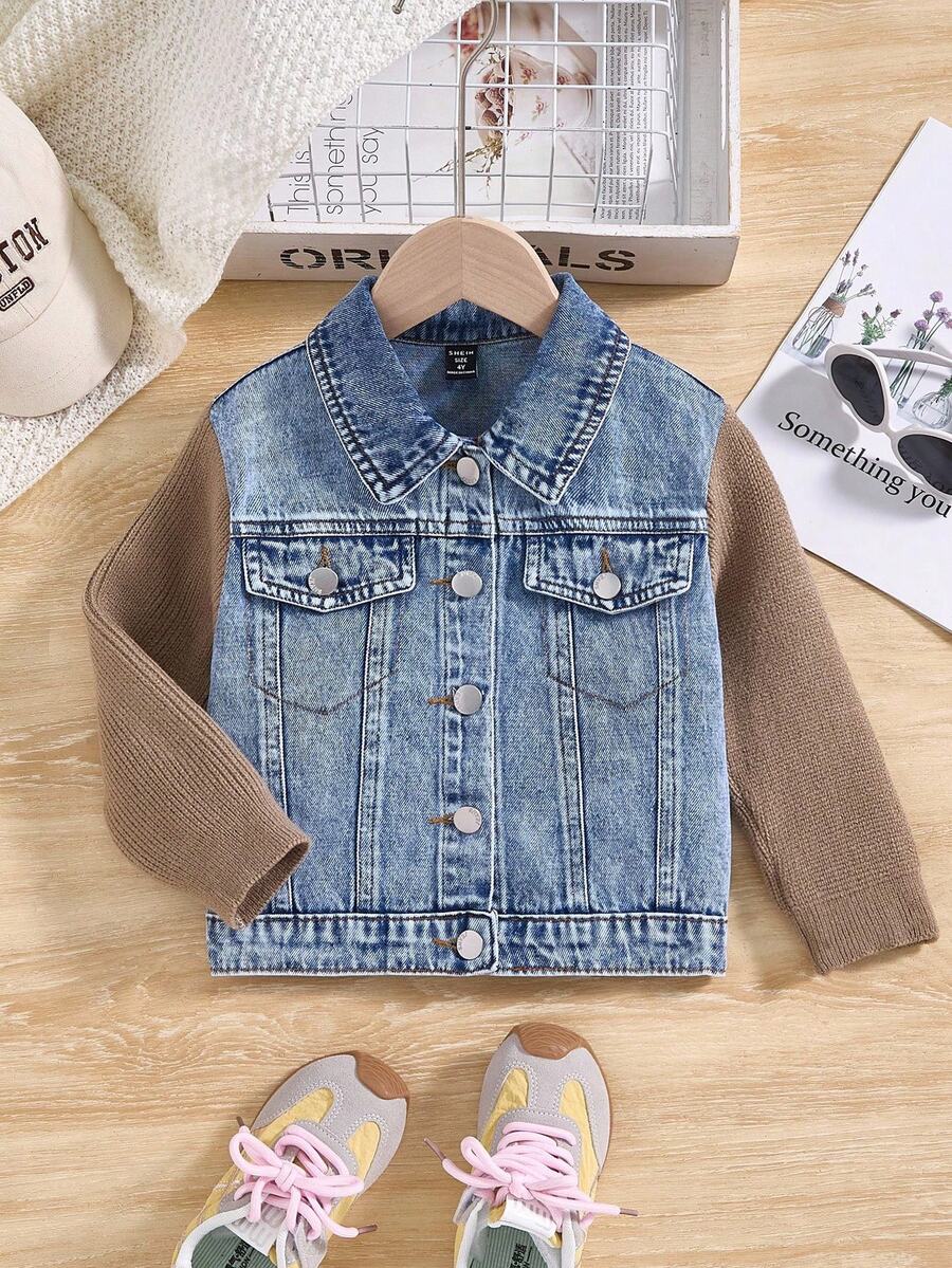 Young Girls Denim Jackets & Coats, Autumn/Winter New Thickened Denim Patchwork Knitted Sleeve Design + Casual Loose Fit Washed Denim Blue Jacket + Fashionable Street Style, Suitable For Spring, Autumn And Winter, Outdoor, Party, Holiday New Arrivals Fall - Medium Wash - View 1