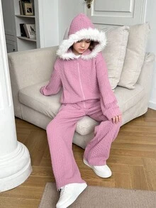 SHEIN 青少年女孩泰迪羊毛提花连帽拉链夹克和宽松长裤两件套 - 卡其色 - 查看 3