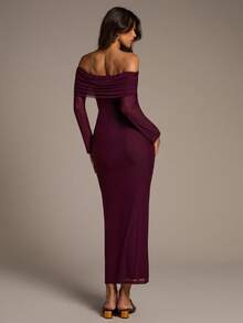 Aloruh Đầm midi ôm sát vai màu đỏ rượu Ankara lưới hở vai mới dành cho nữ mùa thu/đông - Màu tím - Xem 3