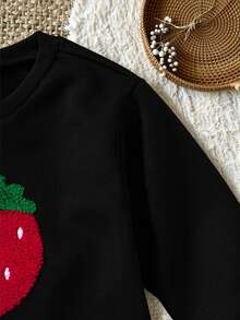 SHEIN Baby/Toddler Girls 0-3 Years Spring/Summer Casual Homewear & Outgoing Cute Fruit Strawberry Print Crew Neck Long Sleeve Sweatshirt + Ribbed Skinny Leggings Set Fall Winter - Black - View 3