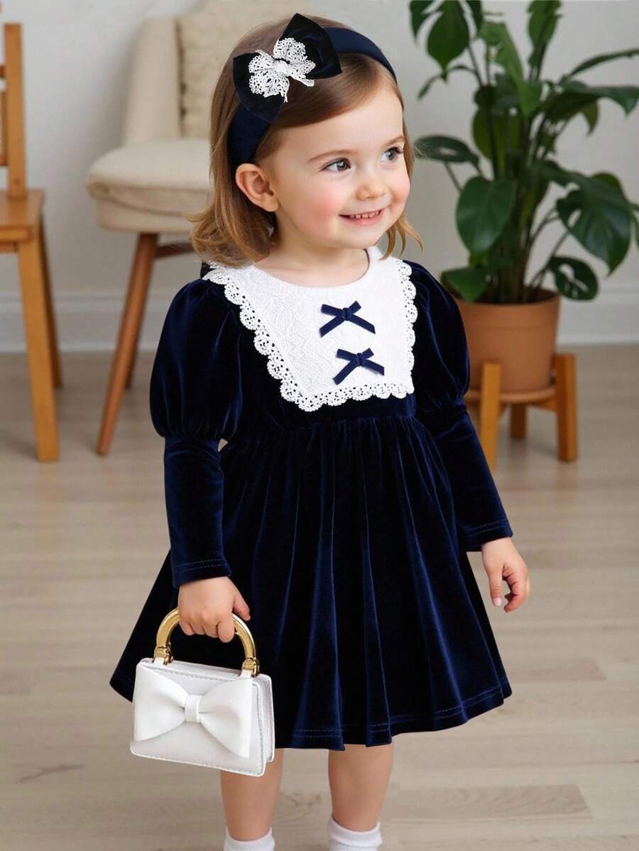 Souflis Souflis 女婴花朵荷叶边蝴蝶结装饰泡泡袖天鹅绒连衣裙,带头巾,可爱优雅,适合日常、度假、休闲穿着 - 藏蓝色 - 查看 1