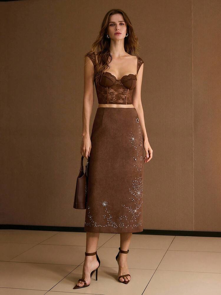 SUEDE RHINESTONE DETAIL STRAIGHT SKIRT