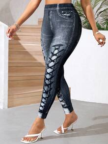 SHEIN Lady 2025 New Women's Elastic Waist Denim Effect Print Casual Leggings Chic Printing Pants For Women  Halloween Costumes  Christmas Going Out Outfit
