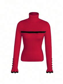 RosyDaze Sweater Rajut Lengan Panjang Wanita Model Turtleneck dengan Kancing dan Rumbai, Dilengkapi Pita dan Lapisan Termal yang Pas di Badan - Merah - View 3