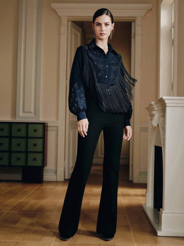 Women's Elegant Embroidered & Beaded Long Sleeve Blouse, Fashionable Navy Blue, Autumn