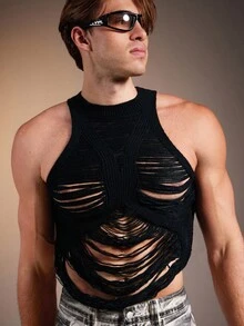 FeverCity Men's Fashionable Hollow Out Distressed Sleeveless Knit Top, Fall, Winter - Black - View 5