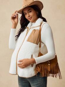 Boho Mama 孕妇休闲度假西式撞色拉链口袋无袖泰迪羊毛轻便保暖背心夹克，秋冬 - 白色 - 查看 5