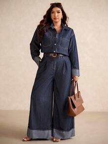 Elaquor Plus Size Dark Blue Denim Jumpsuit, Long-Sleeved Shirt, Straight Pants With Folded Hems, Casual Autumn Wear For Going Out Plus Size Denim Outfits For Women