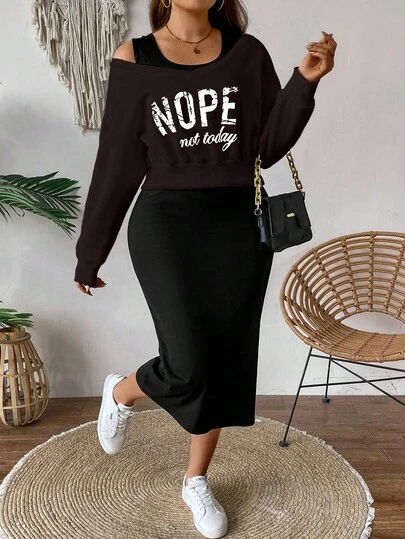 EMERY ROSE Plus Size Women's Casual Fashion Street Slogan Print Asymmetrical Neck Sweatshirt And Sleeveless Dress 2 Pieces Set, Spring/Autumn