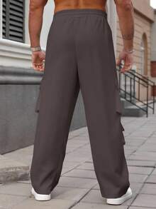 Manfinity Homme 秋季男士大码休闲纯色工装裤 - 灰色 - 查看 2