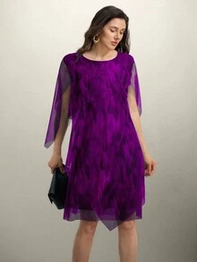 Flouryn Váy dài họa tiết hoa lưới xanh lam thanh lịch cỡ lớn dành cho nữ - Màu tím - Xem 3