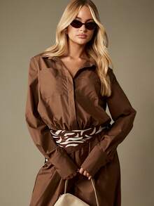 MISSGUIDED 超大号实用连体裤，配灯笼裤和宽腰带，秋冬工作服，办公室时尚长袖翻领全长晚礼服 - 棕色 - 查看 3