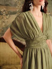 Anewsta Women's V-Neck Ruched Waist Dress With Dolman Sleeves, Suitable For Beach Vacation, Spring/Summer - Army Green - View 3