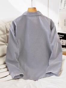 青少年女孩休闲时尚度假百搭户外条纹长袖衬衫，秋冬 - 黑與白 - 查看 2