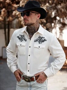Manfinity Nomadique Men's Floral Print Long Sleeve Single-Breasted Casual Shirt With Pockets Men Western Shirt Beige Men Western Shirt Western Shirts, Fall - Black and White - View 1
