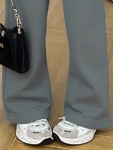 年轻女孩休闲日常通勤运动风格字母刺绣落肩宽松运动衫和直筒运动裤套装，秋季/春季 - 深灰色 - 查看 7